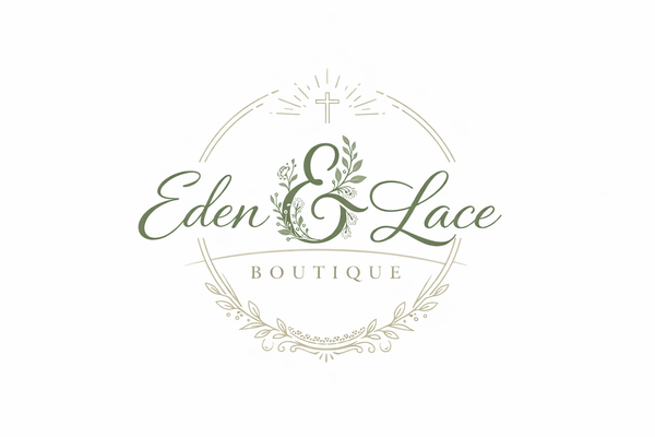 Logo of Eden & Lace Boutique with decorative elements on a white background