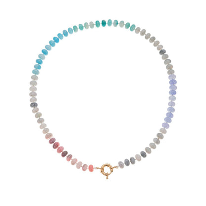 Necklace with multicolored beads on a white background