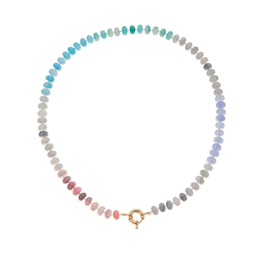 Necklace with multicolored beads on a white background