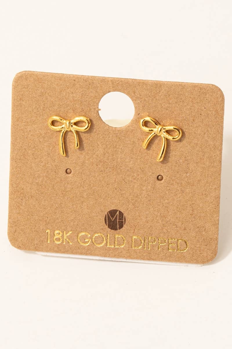 Gold bow-shaped earrings on a cardboard backing with '18K Gold Dipped' text.