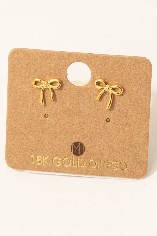 Gold bow-shaped earrings on a cardboard backing with '18K Gold Dipped' text.