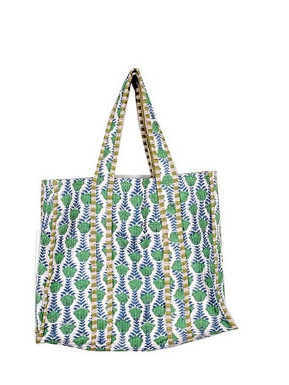 Reusable shopping bag with green and blue pattern on a white background