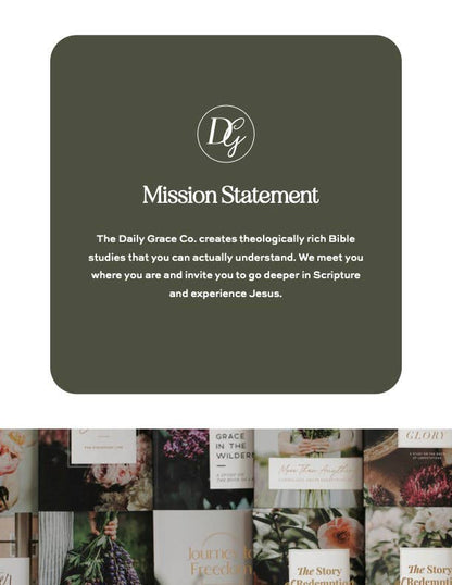 Mission statement card for The Daily Grace Co. with a collage of book covers at the bottom.
