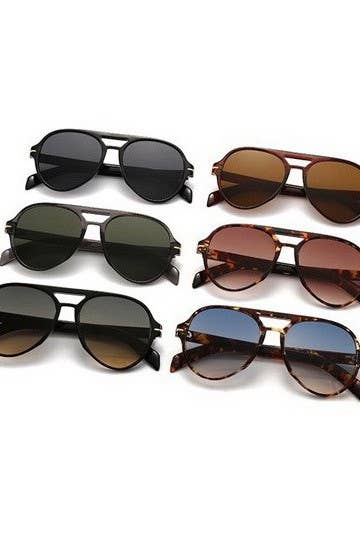 Set of six pairs of sunglasses with different frame designs and lens colors on a white background.