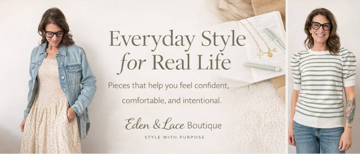 Woman in casual outfit with text about everyday style and confidence.