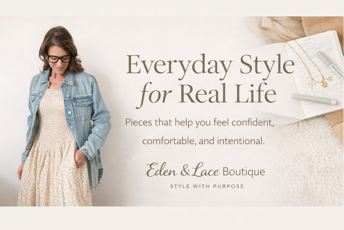 Woman in casual outfit with text about everyday style and confidence.