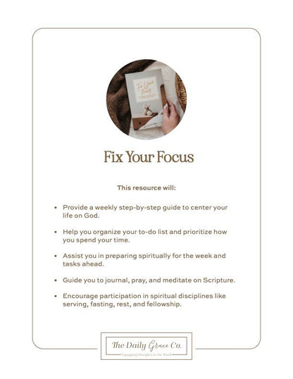 Promotional graphic for 'Fix Your Focus' resource by The Daily Grace Co.