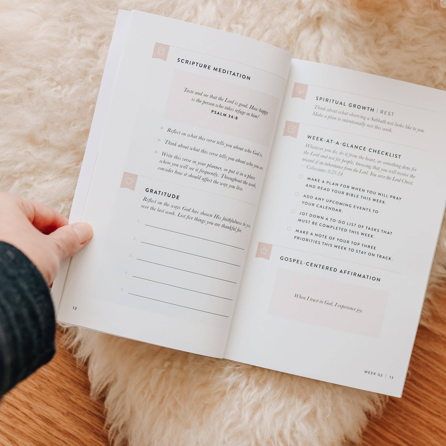 Open book with text and checkboxes on a fluffy surface