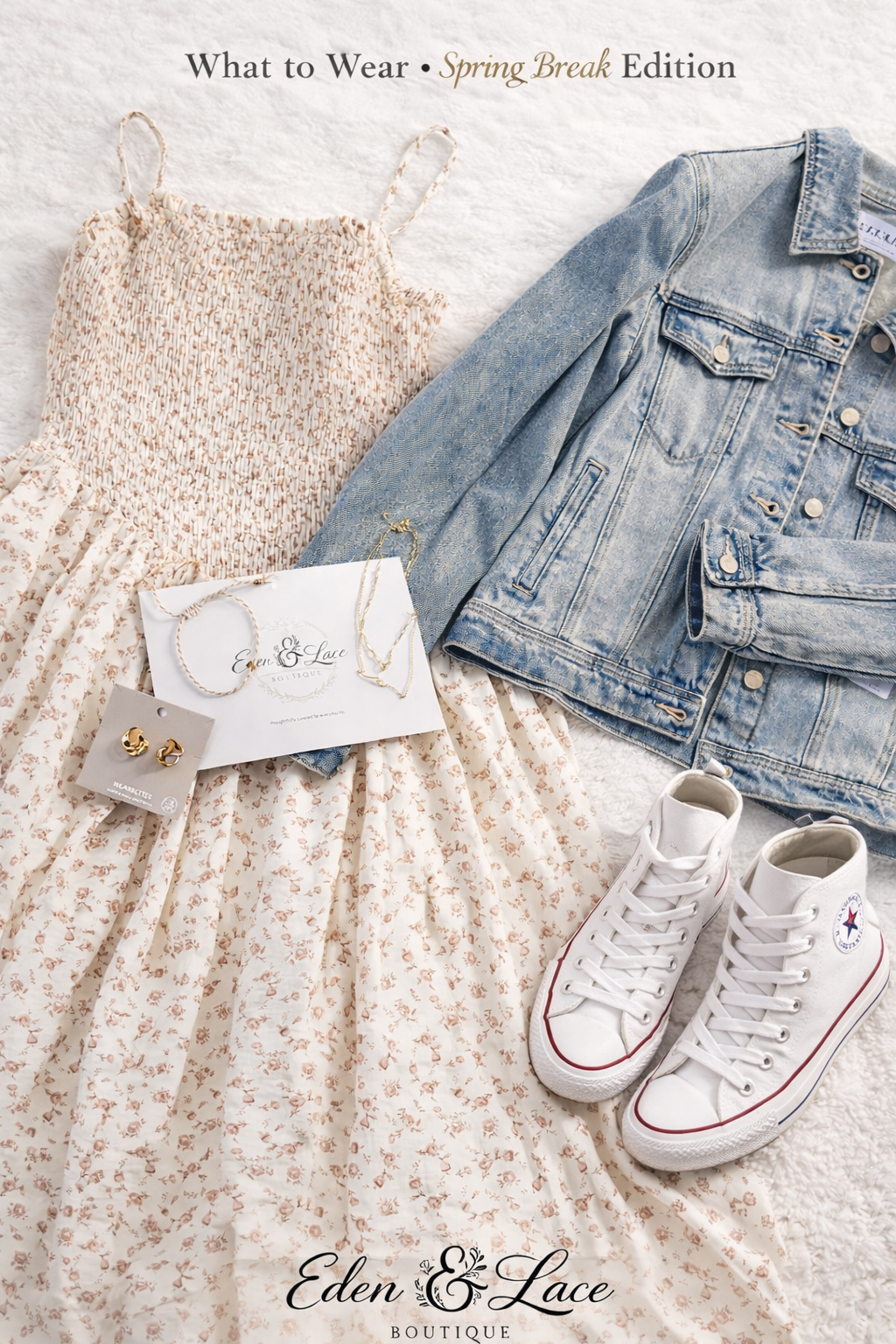 Spring outfit with dress, jacket, sneakers, and jewelry on a neutral background.