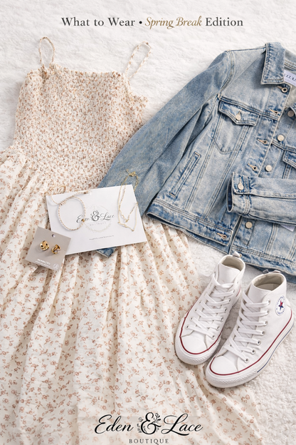 Spring outfit with dress, jacket, sneakers, and jewelry on a neutral background.
