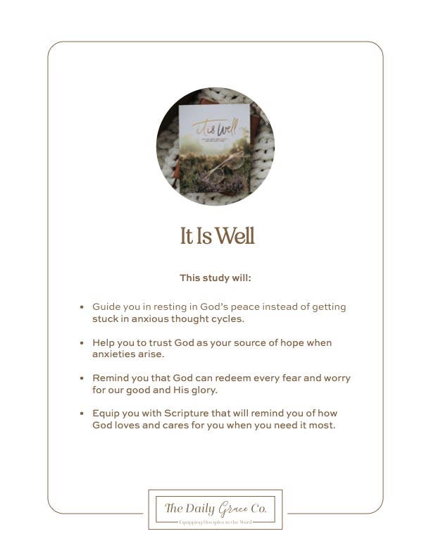 Promotional flyer for 'It Is Well' study program with text and circular image of a card.