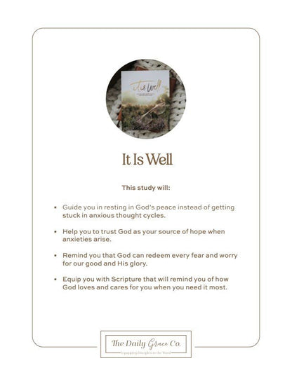 Promotional flyer for 'It Is Well' study program with text and circular image of a card.