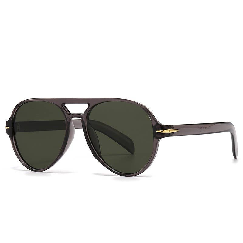 Aviator sunglasses with dark lenses and gold accents on a white background