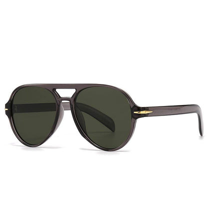 Aviator sunglasses with dark lenses and gold accents on a white background