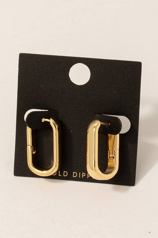 Gold hoop earrings on a black card with 'Gold Dipped' branding.