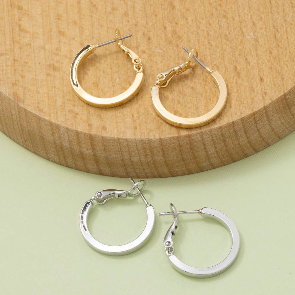 Gold and silver hoop earrings on a wooden and green background