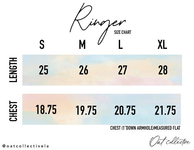 Size chart for ringer shirts with length and chest measurements.