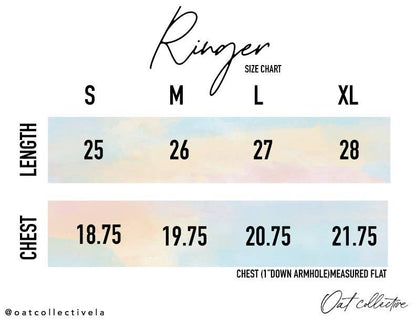 Size chart for ringer shirts with length and chest measurements.