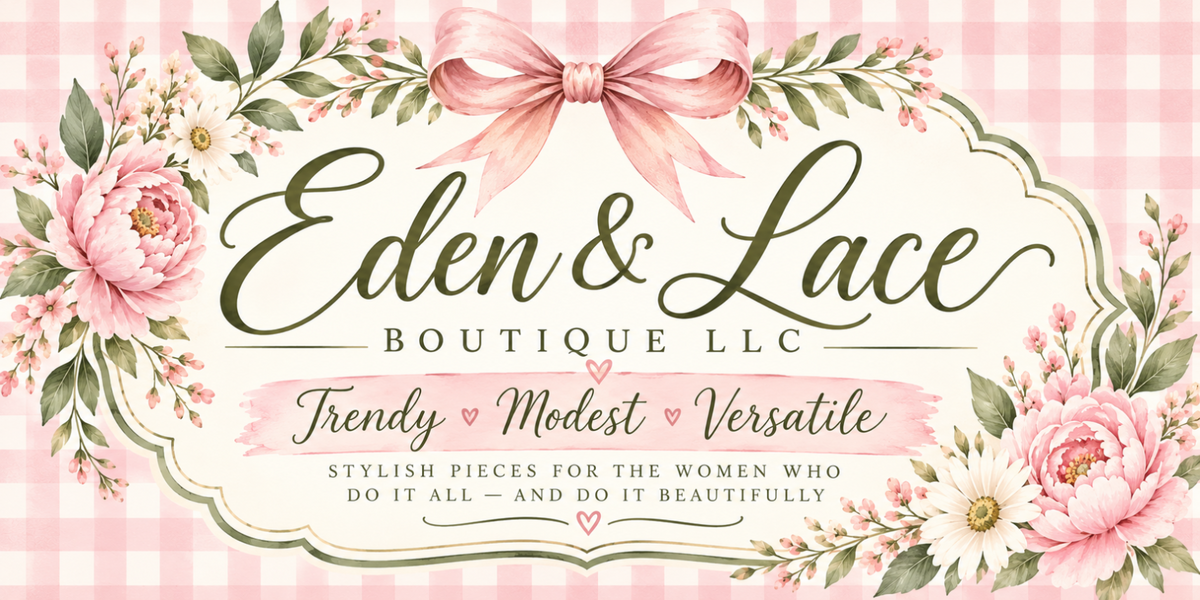 A decorative boutique logo graphic reading 'Eden & Lace Boutique LLC' with floral illustrations, green leaves, a pink ribbon bow, and a pink-and-white gingham background.